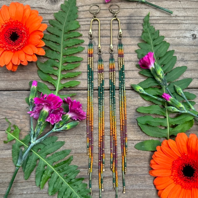 Brass Long Green Beaded Earring