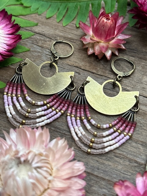 Brass And Rose Beaded Earring
