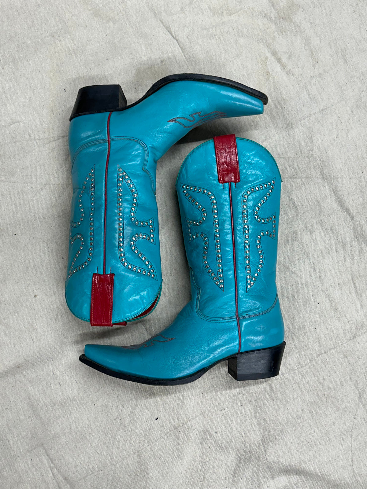 Vintage Teal and Red Studded Cowboy Boots