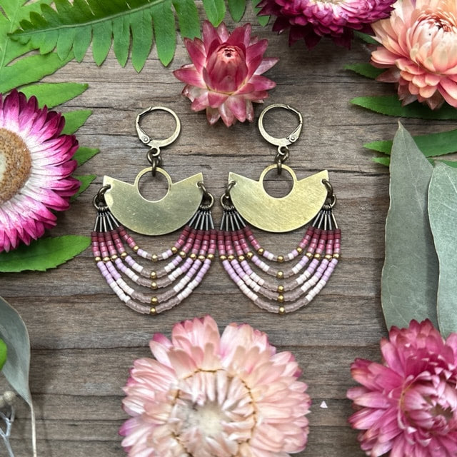 Brass And Rose Beaded Earring