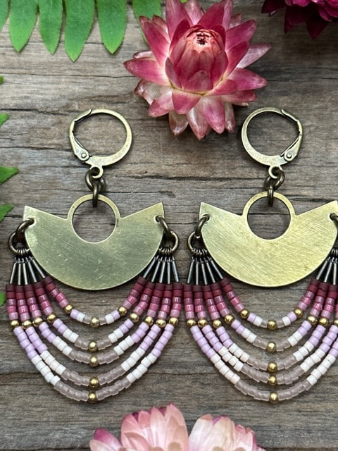 Brass And Rose Beaded Earring