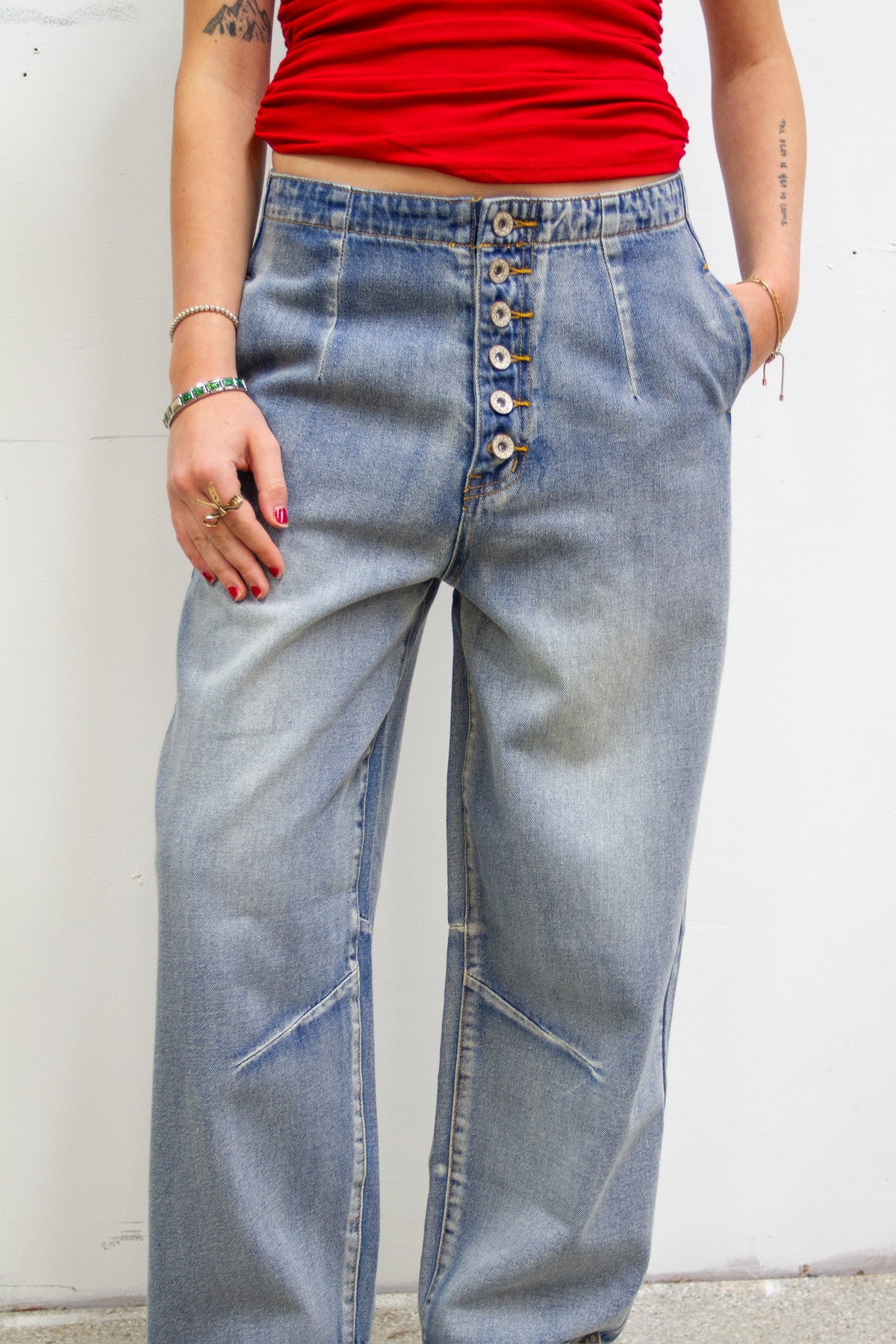 Button Fly Barrel Jeans