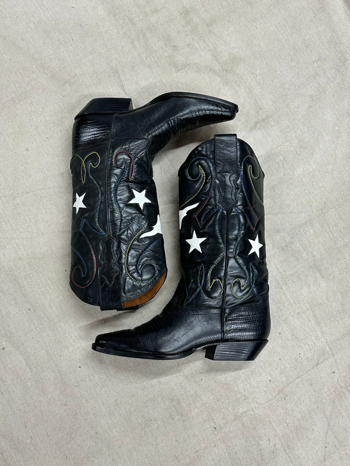 Vintage Black Detailed Cowboy Boots