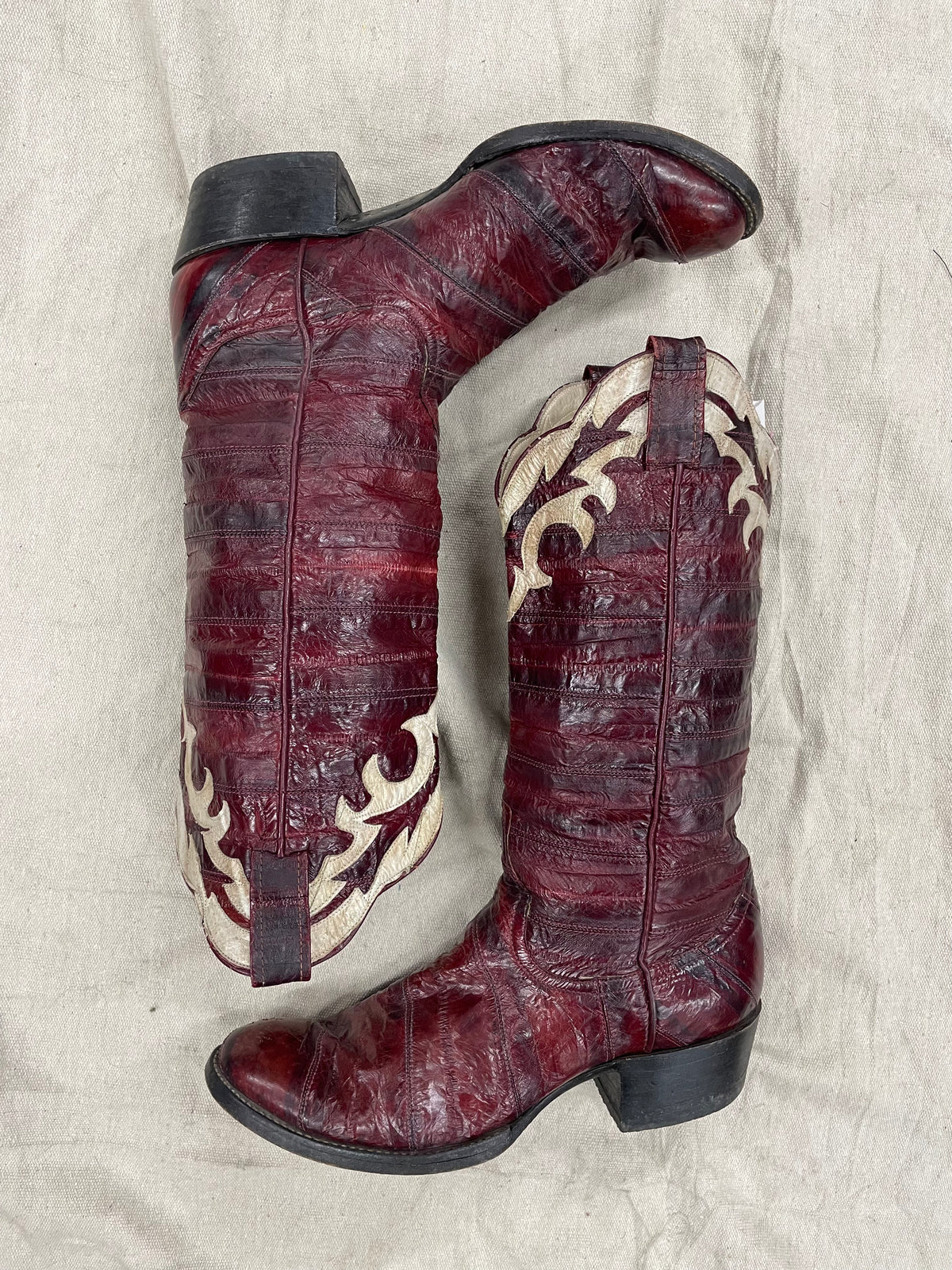Vintage Tall Red Eel Skin Round Toe Cowboy Boots