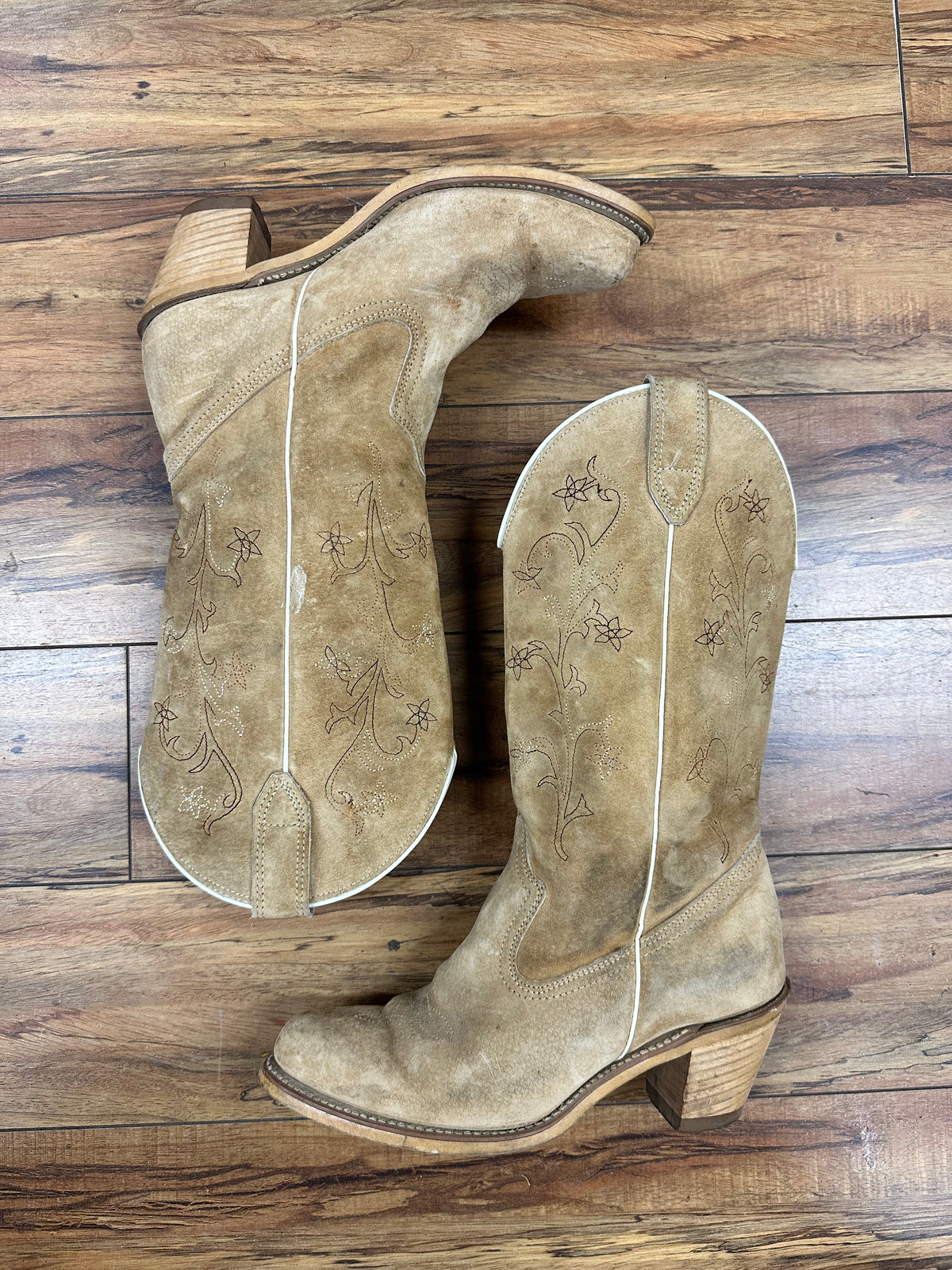 Tan Suede Stacked Heel + Floral Stitching