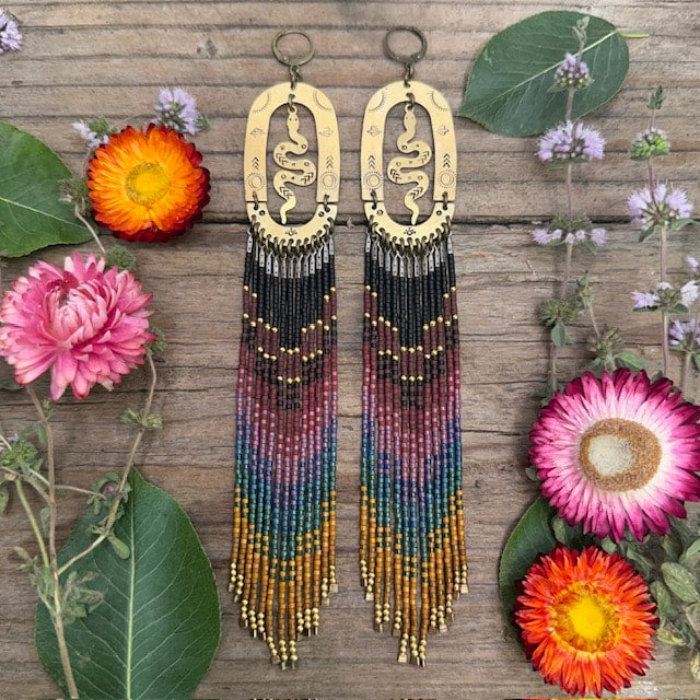 Brass Serpent Beaded Earring