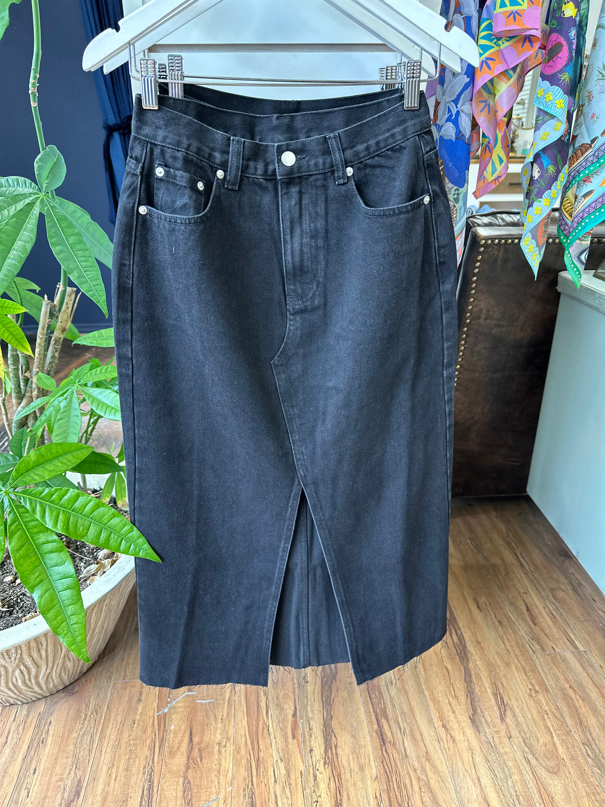 Washed Denim Midi Skirt