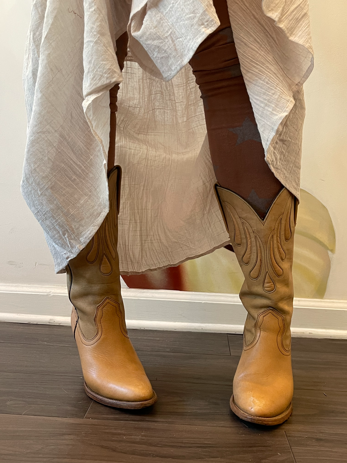 Vintage Frye Natural Stacked Heel Cowboy Boot - 1980's