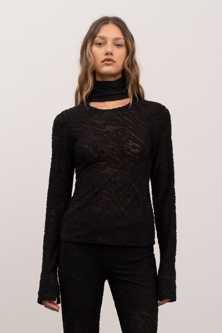 Textured Turtleneck With Cutout Top