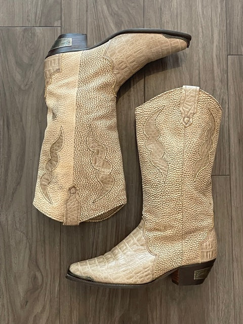 Vintage Beige Textured Cowboy Boots