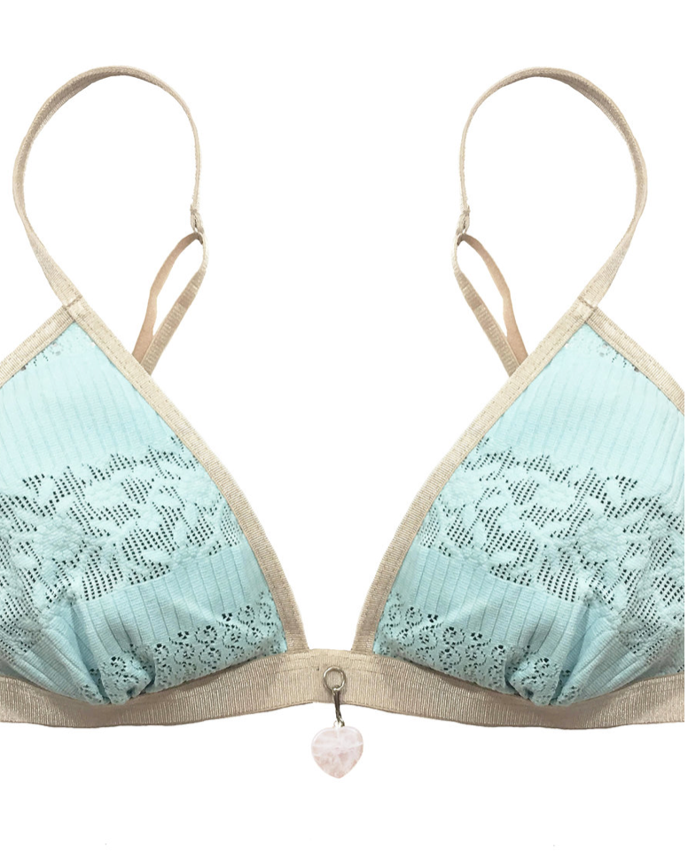 Charm affirmation bra  blue lace with rose quartz heart