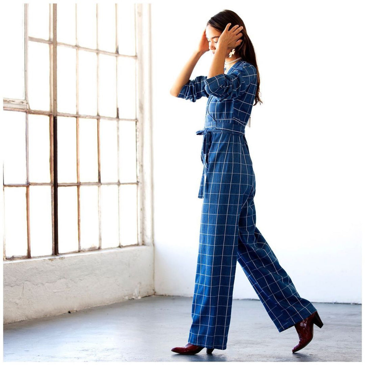 Abby Jumpsuit - French Blue Windowpane Plaid