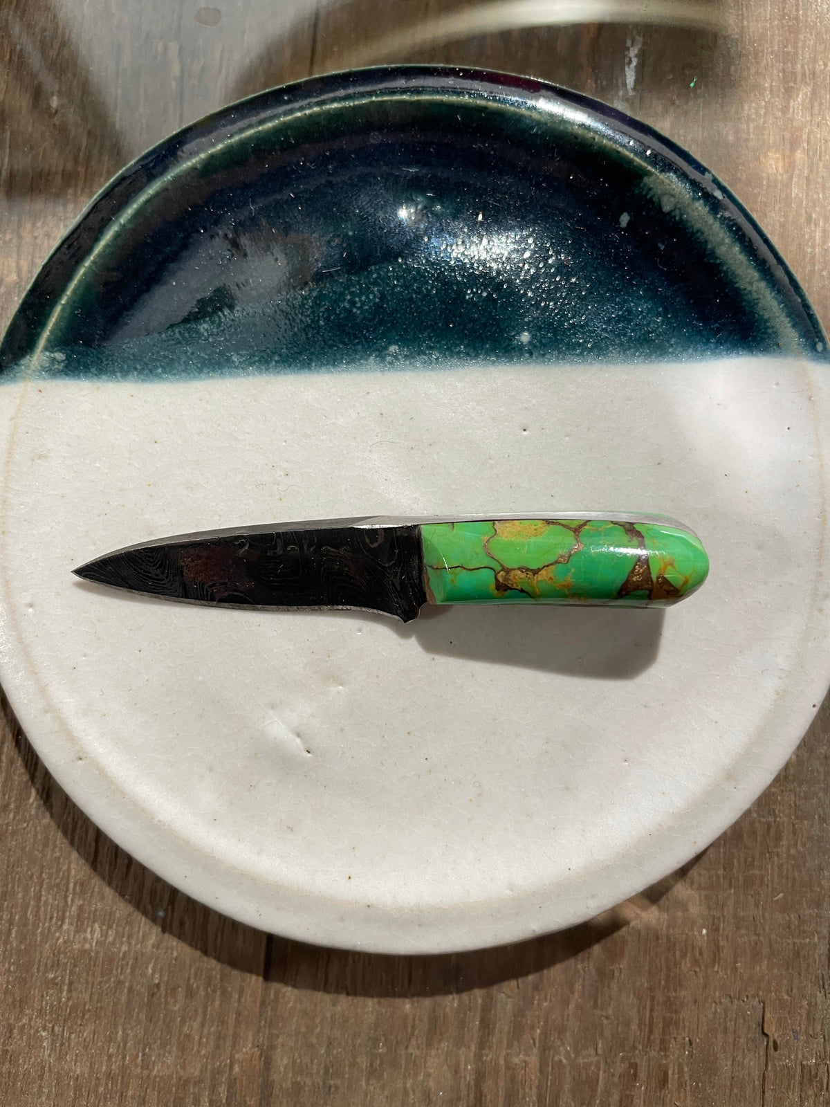 Mini Knife - Green Boulder Turquoise with Damascus Steel Blade