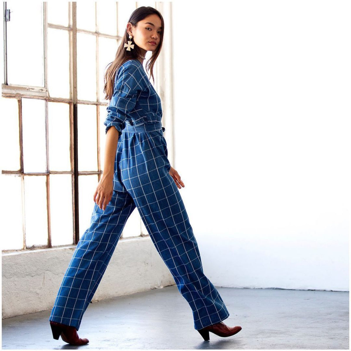 Abby Jumpsuit - French Blue Windowpane Plaid