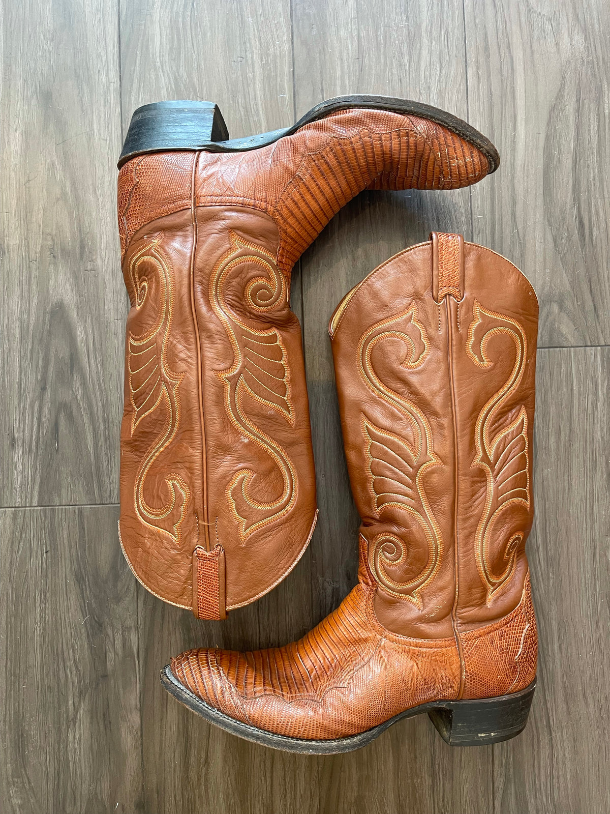 Vintage Mens Cognac Lizard Bottom Cowboy Boots