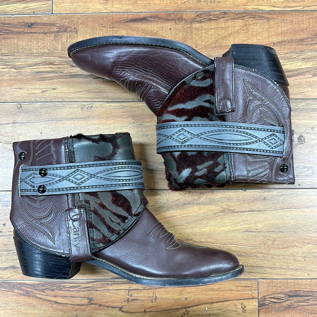 ￼ Burgundy and Cowhide Canty Boots