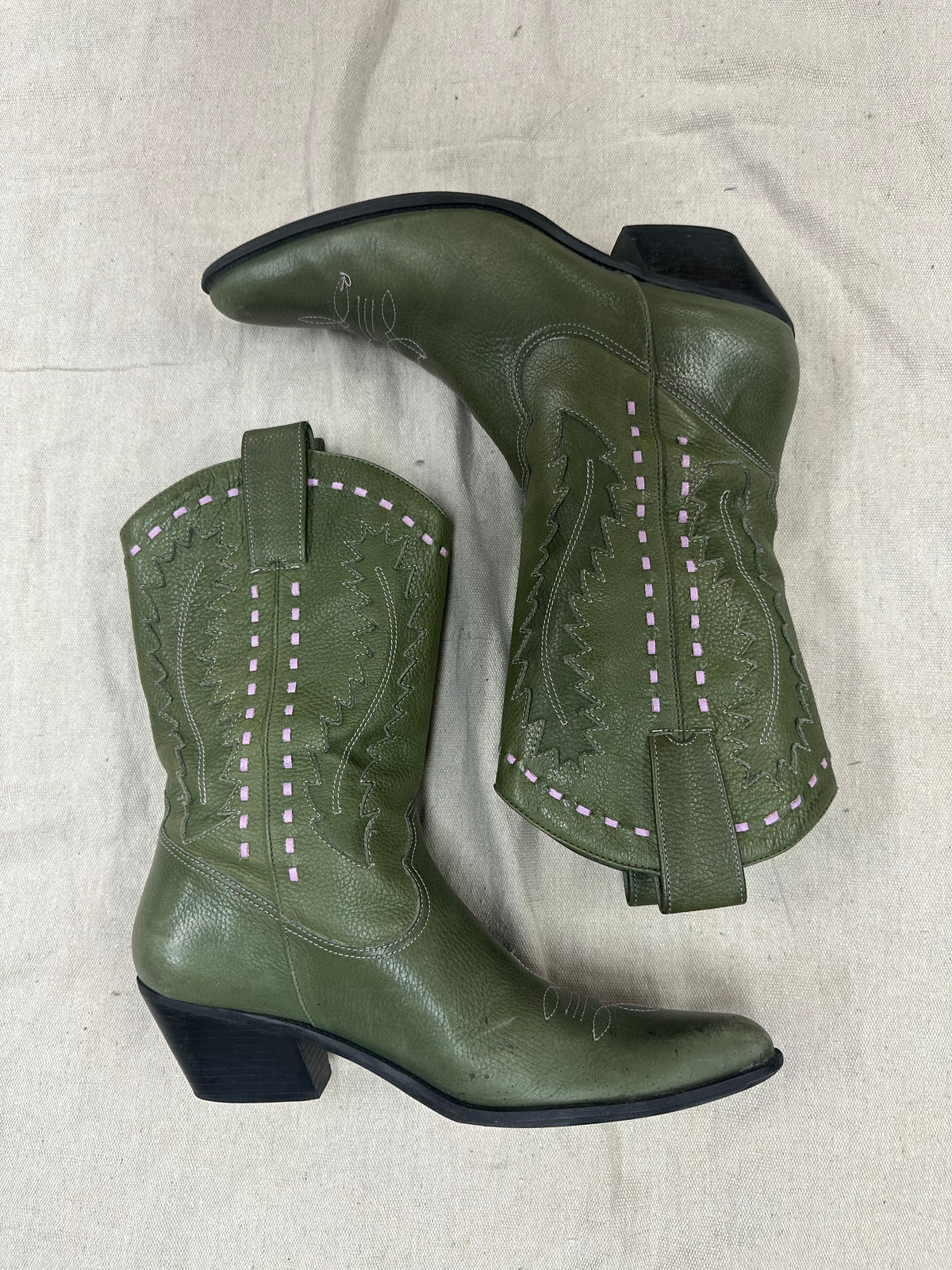 Green and Pick Stitch Cowboy Boots