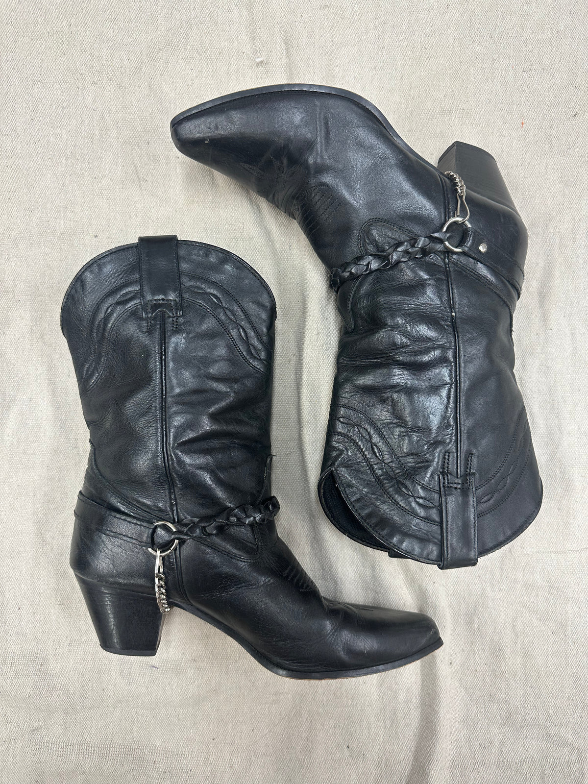 Vintage Black Cowboy Boots With Harness Detail