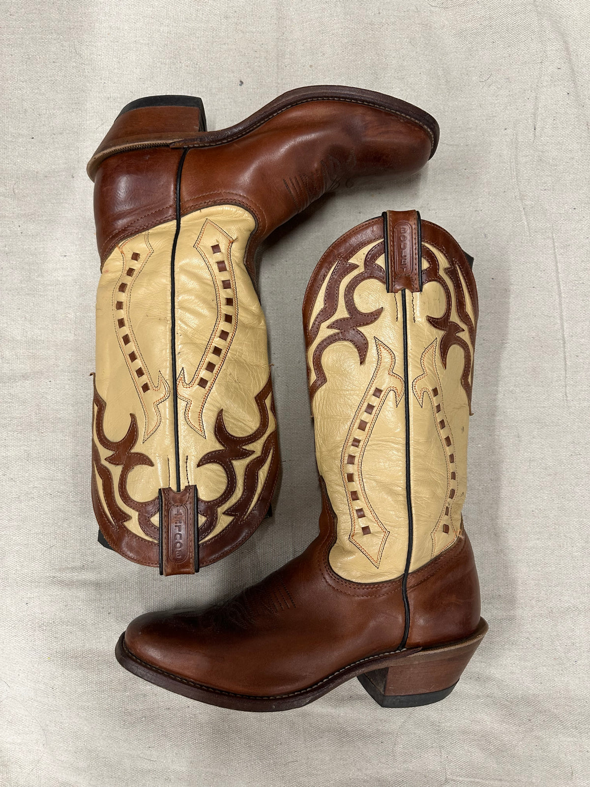 Vintage Brown and Beige Rounded Square Toe Cowboy Boot