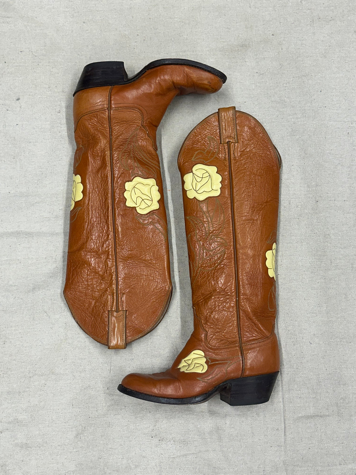 Vintage Brown with Yellow Flower Detailing Cowboy Boots