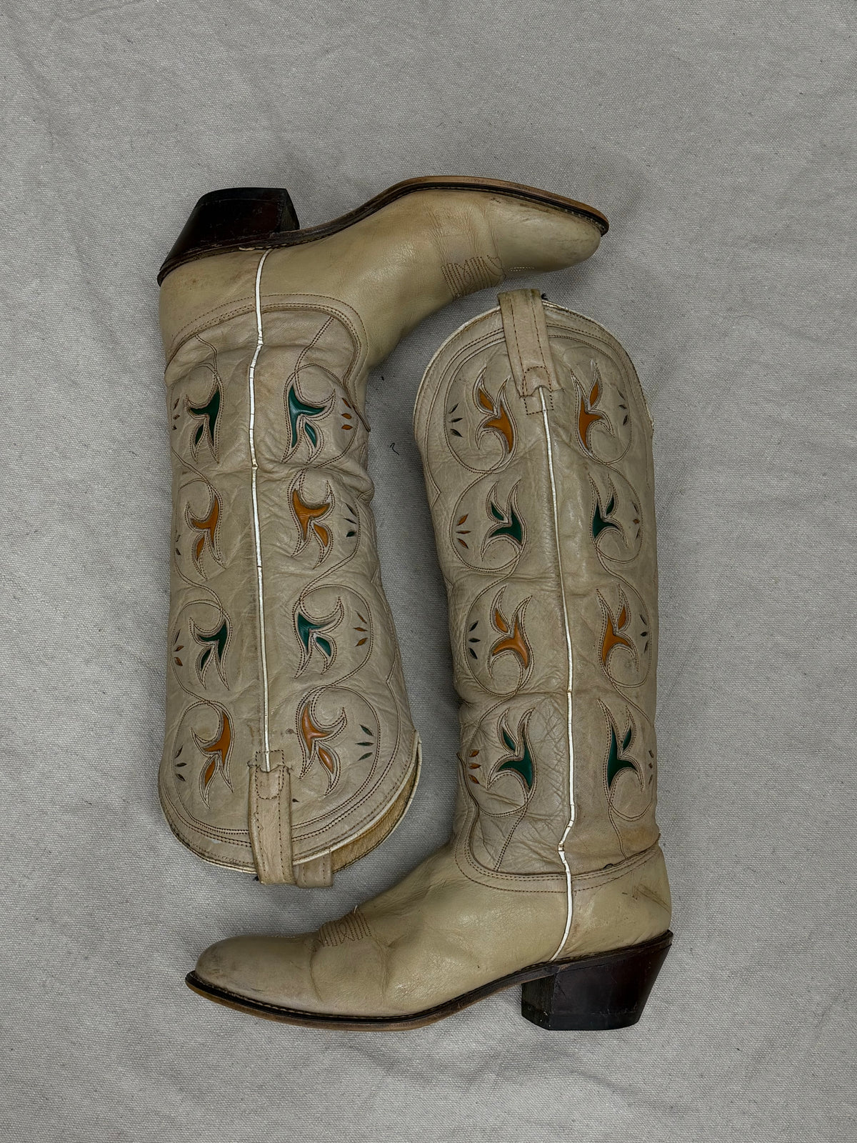 Vintage Crème with Green and Yellow Detailing Cowboy Boots
