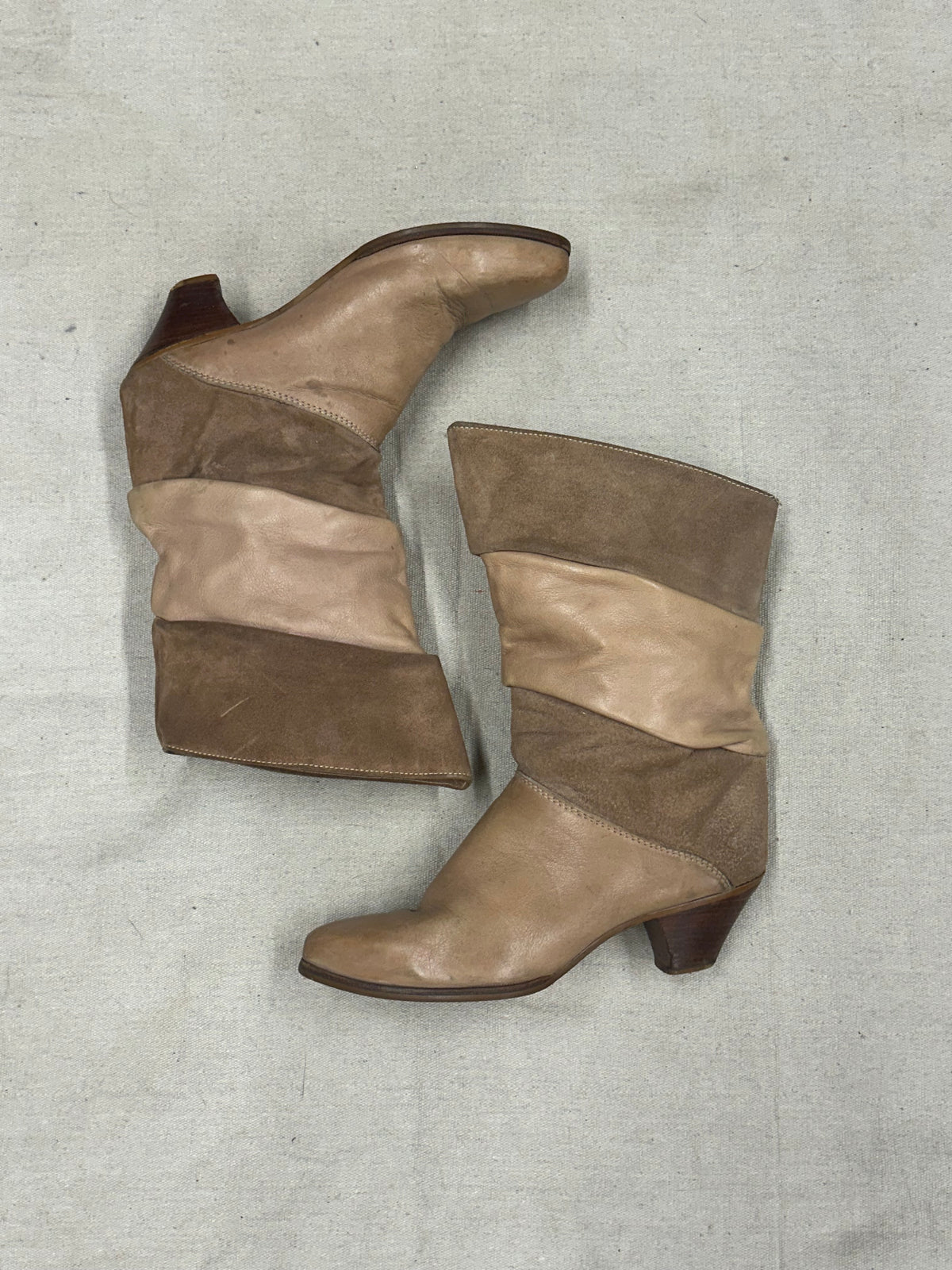 Vintage Beige and Brown Almond Toe Cowboy Boots