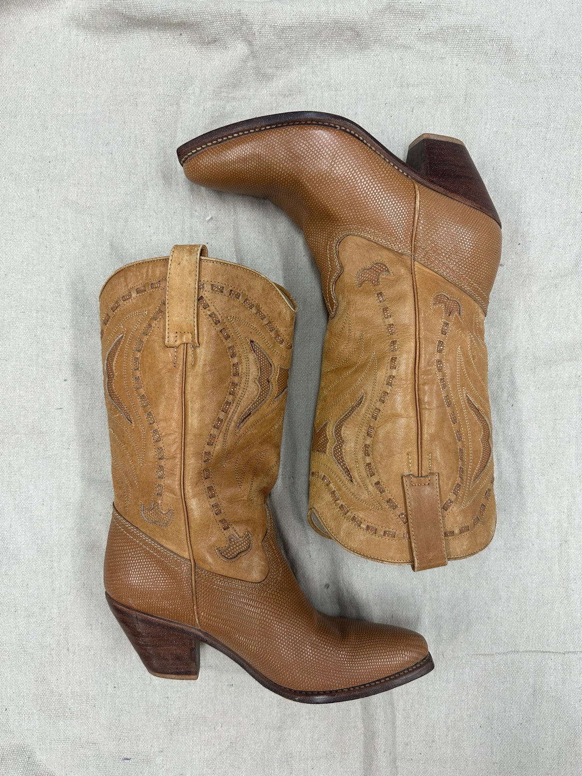 Stacked Heel Tan Cowboy Boots W Cutout Detailing