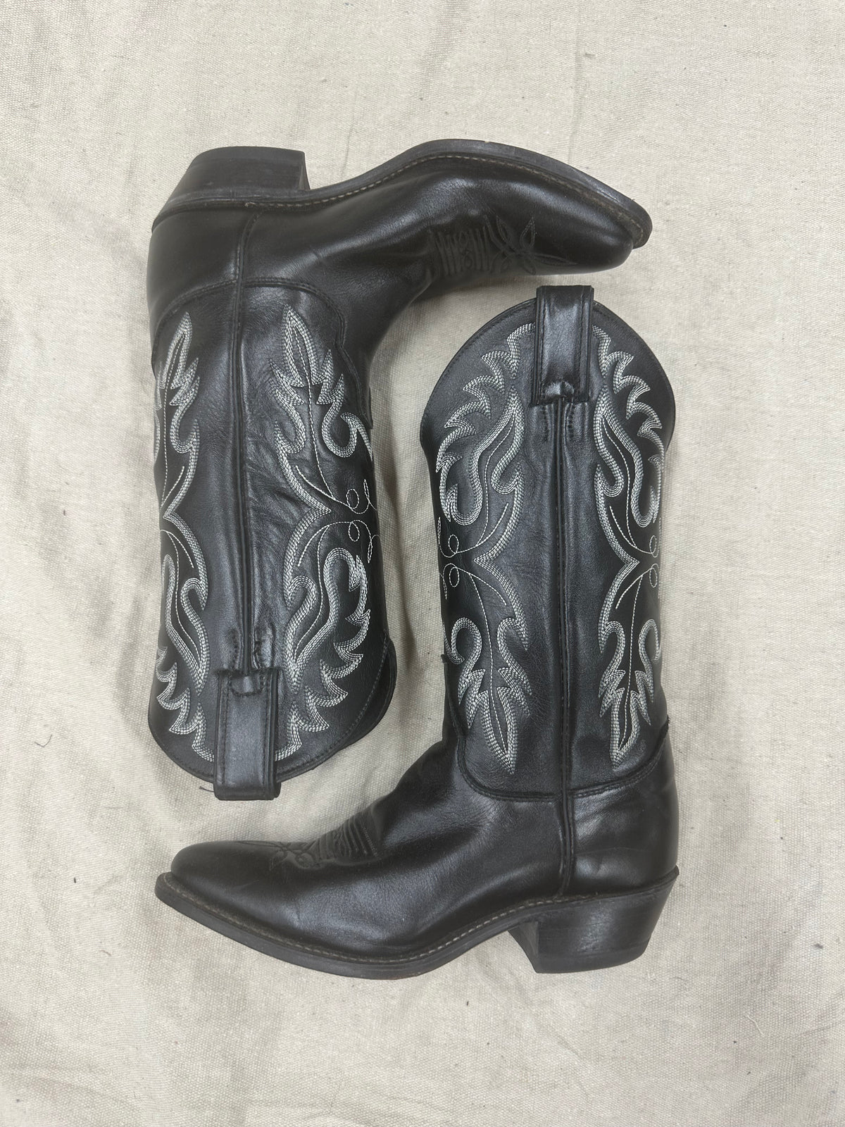 Vintage black with white and grey stitching cowboy boots