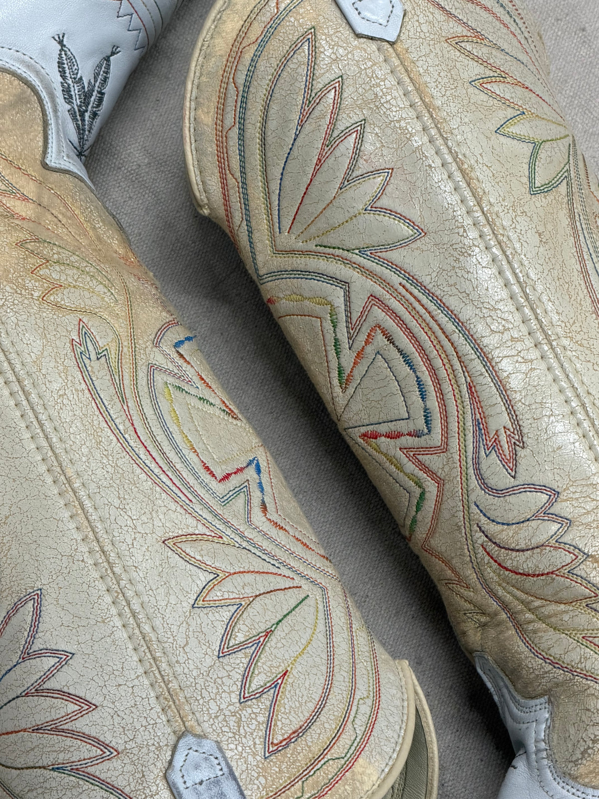 Vintage White and Crème with Rainbow Stitching Cowboy Boots
