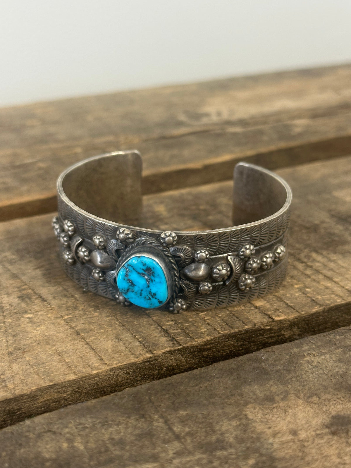 Silver Flower Turquoise Cuff