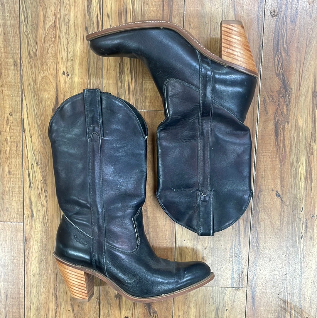 Black Leather Stacked Heel Cowboy Boots