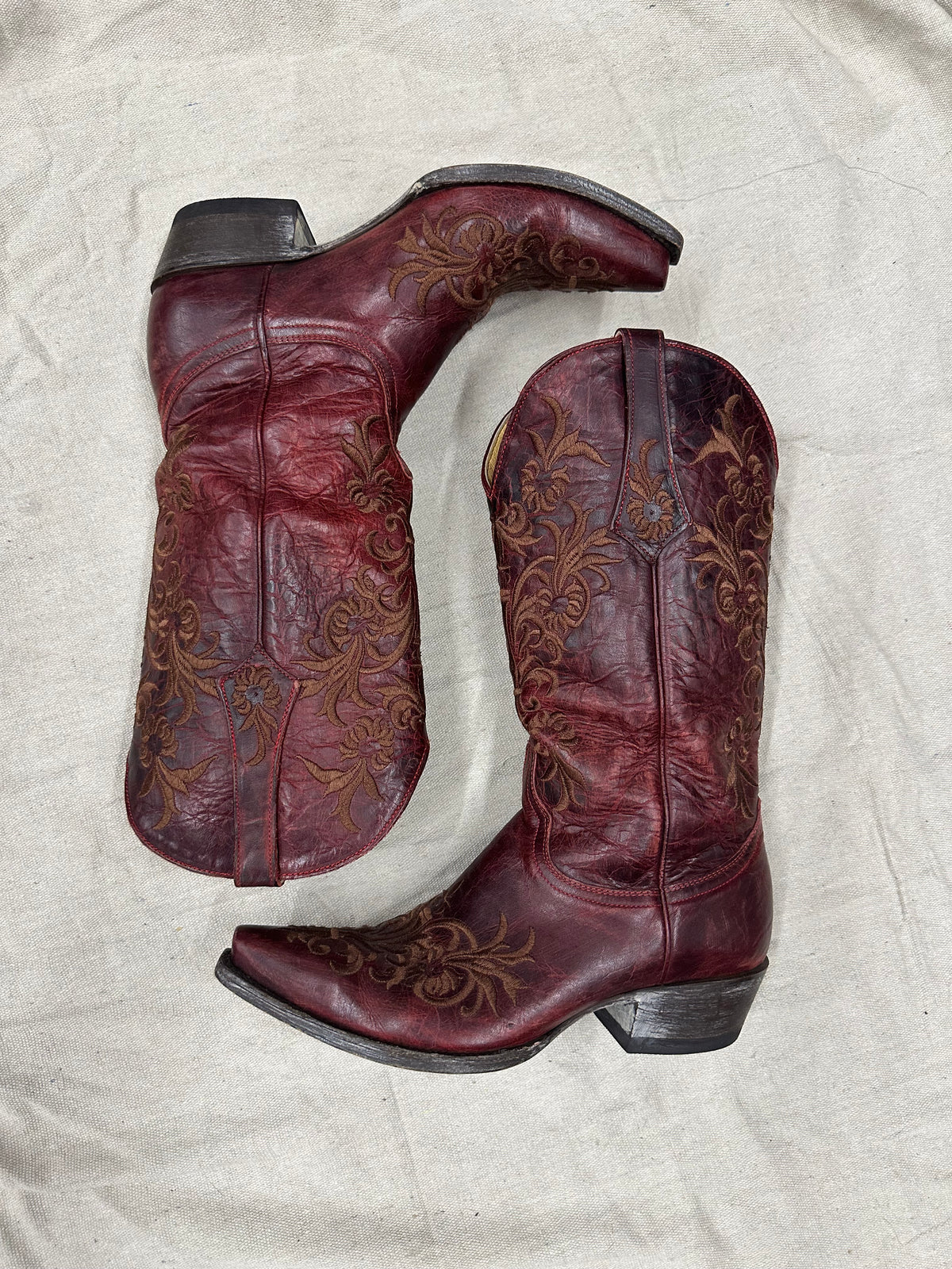 Vintage Dark Red with Brown Detailing Cowboy Boots