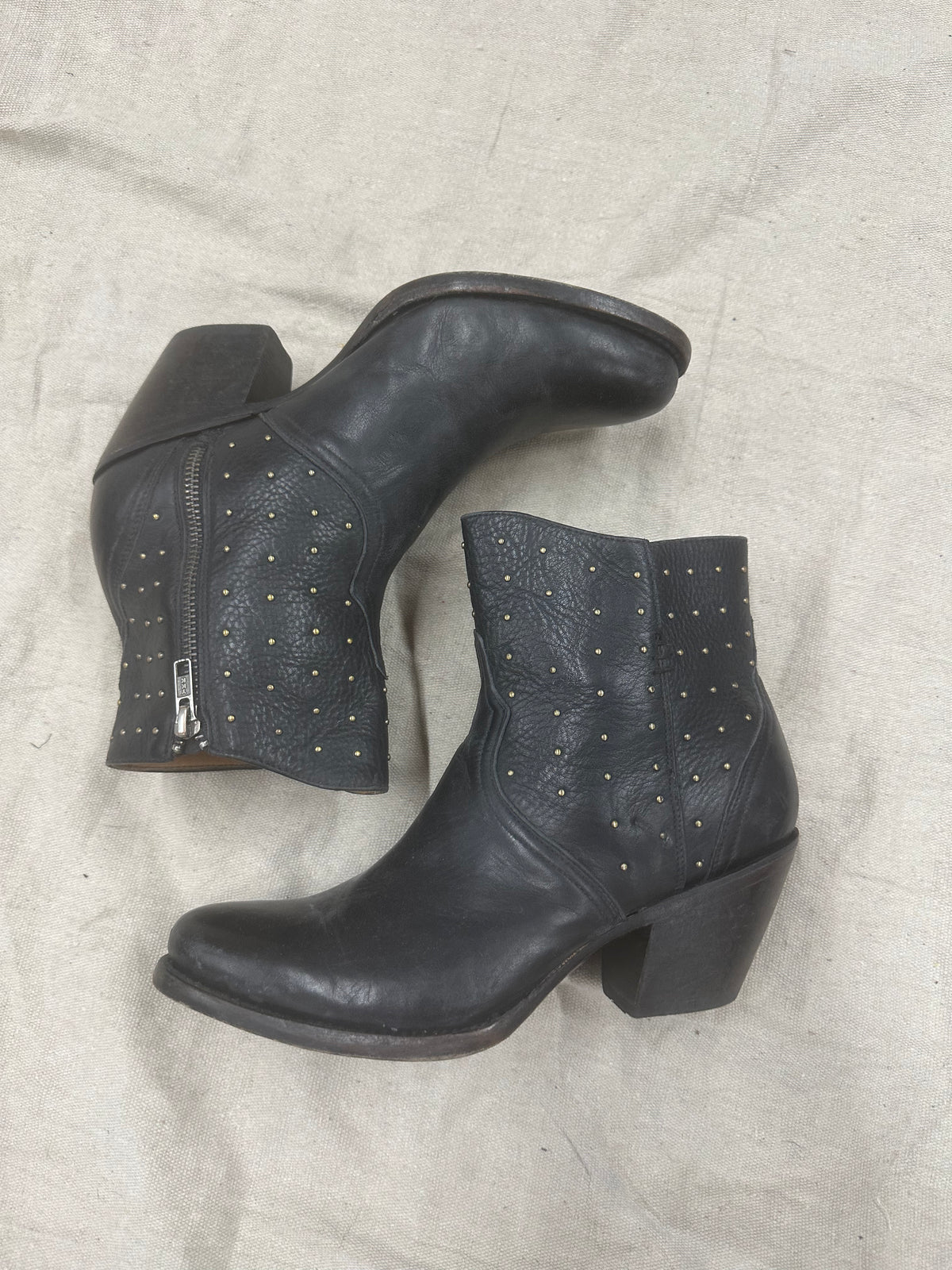 Vintage Brass Studded Round Toe Ankle Boots