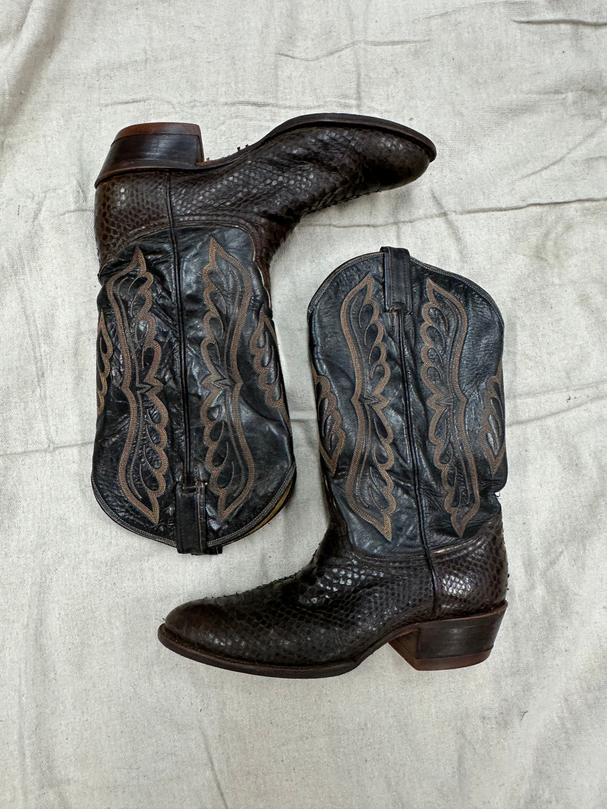 Vintage Chocolate Brown Snake Skin Cowboy Boot