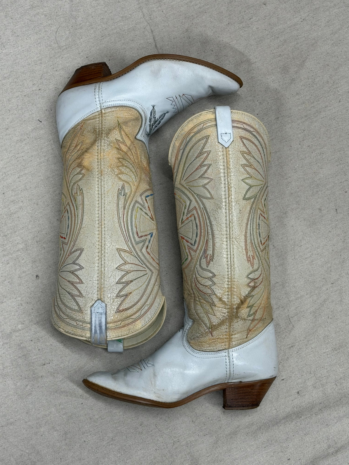 Vintage White and Crème with Rainbow Stitching Cowboy Boots