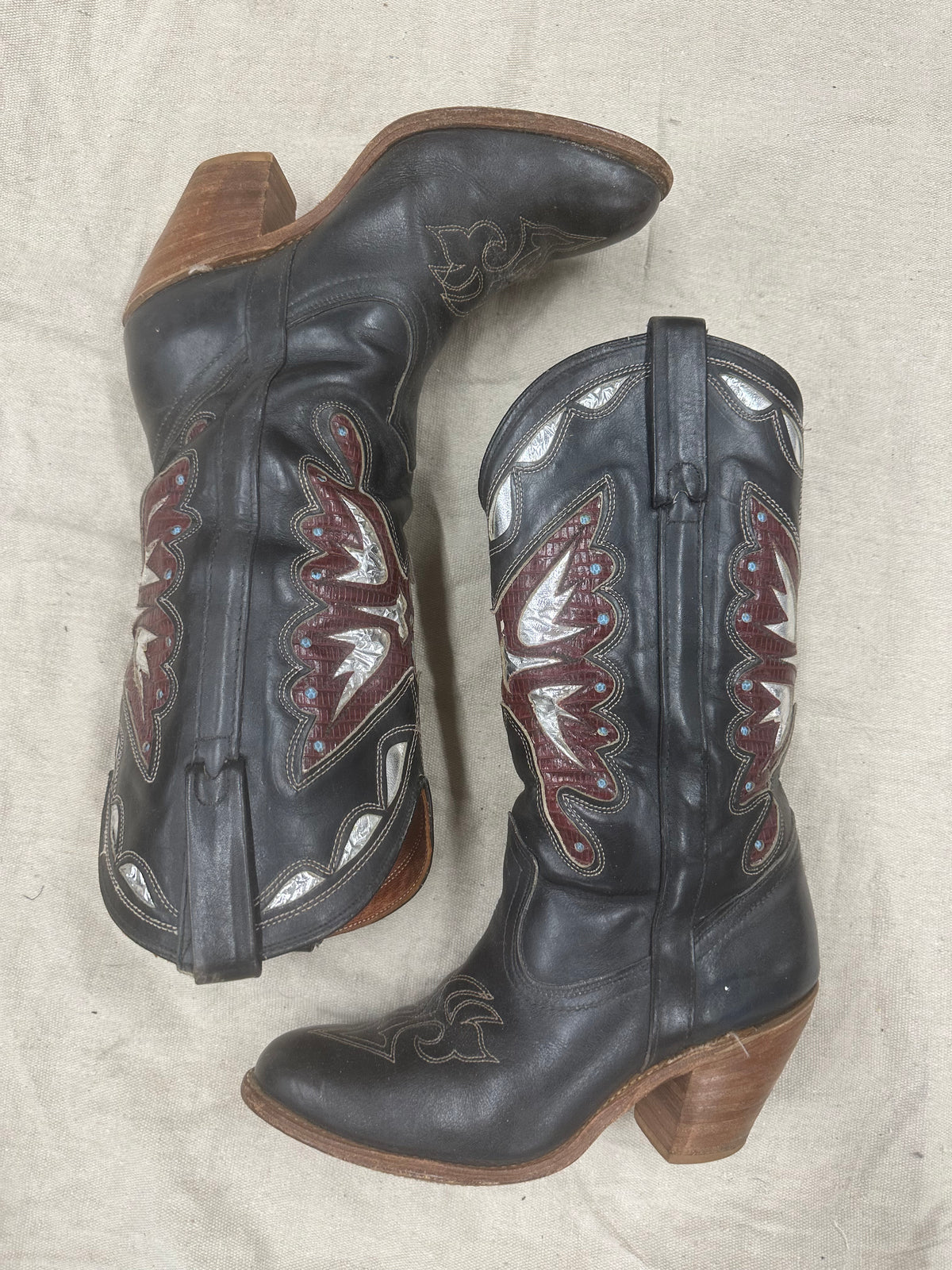 Vintage Silver Butterfly Stacked Heel Cowboy Boots