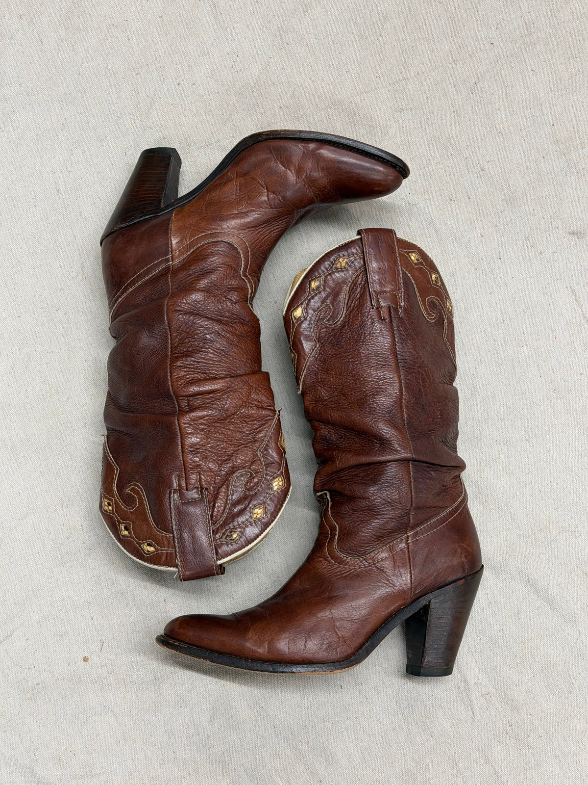 Vintage Brown Diamond Detailed Cowboy Boots