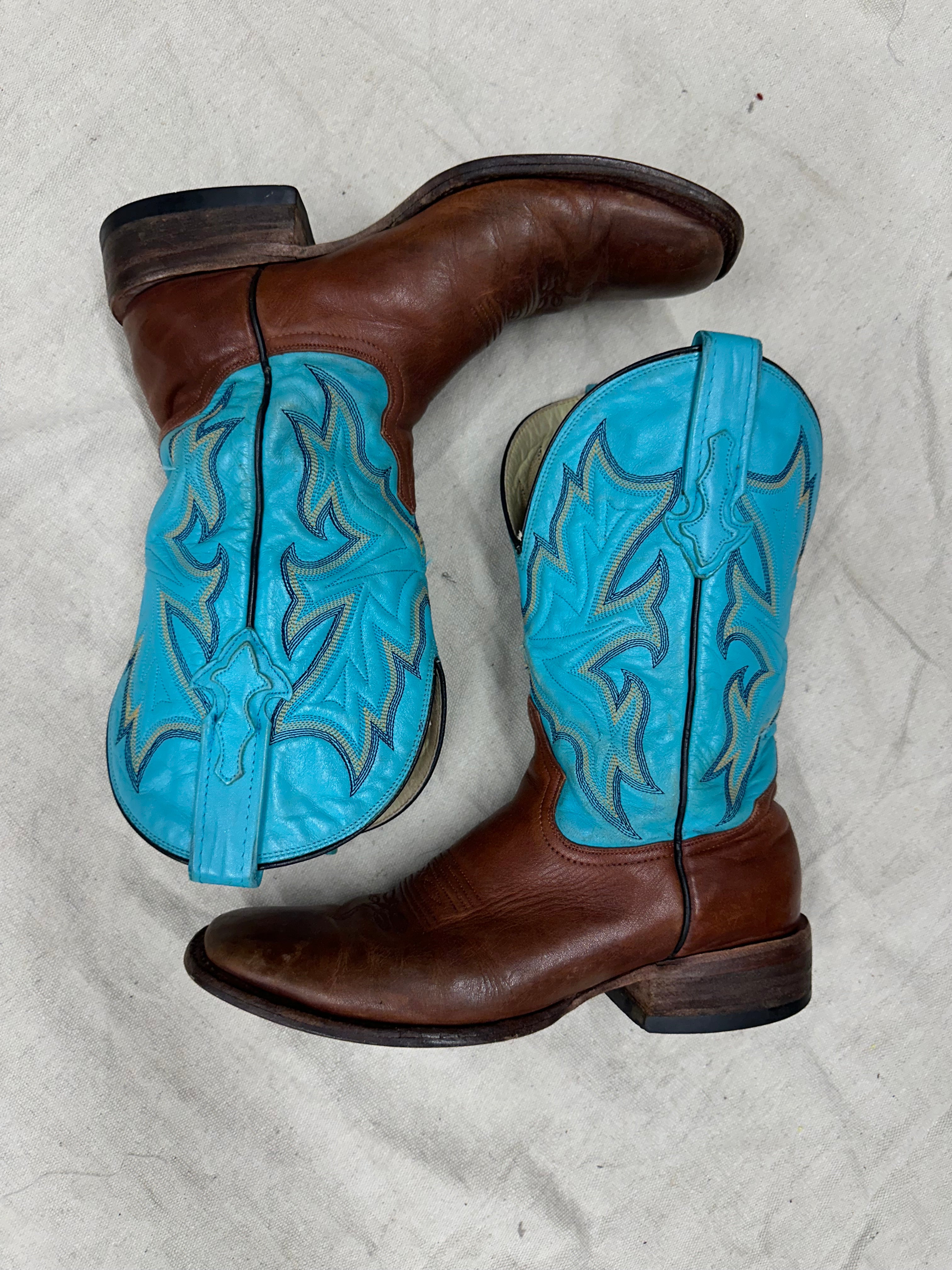 Vintage blue and brown square toe cowboy boots inland