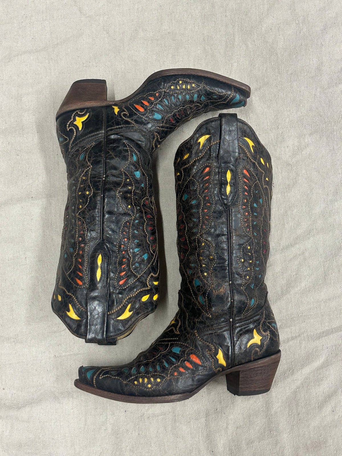 Vintage Multi Color Black Cowboy Boots