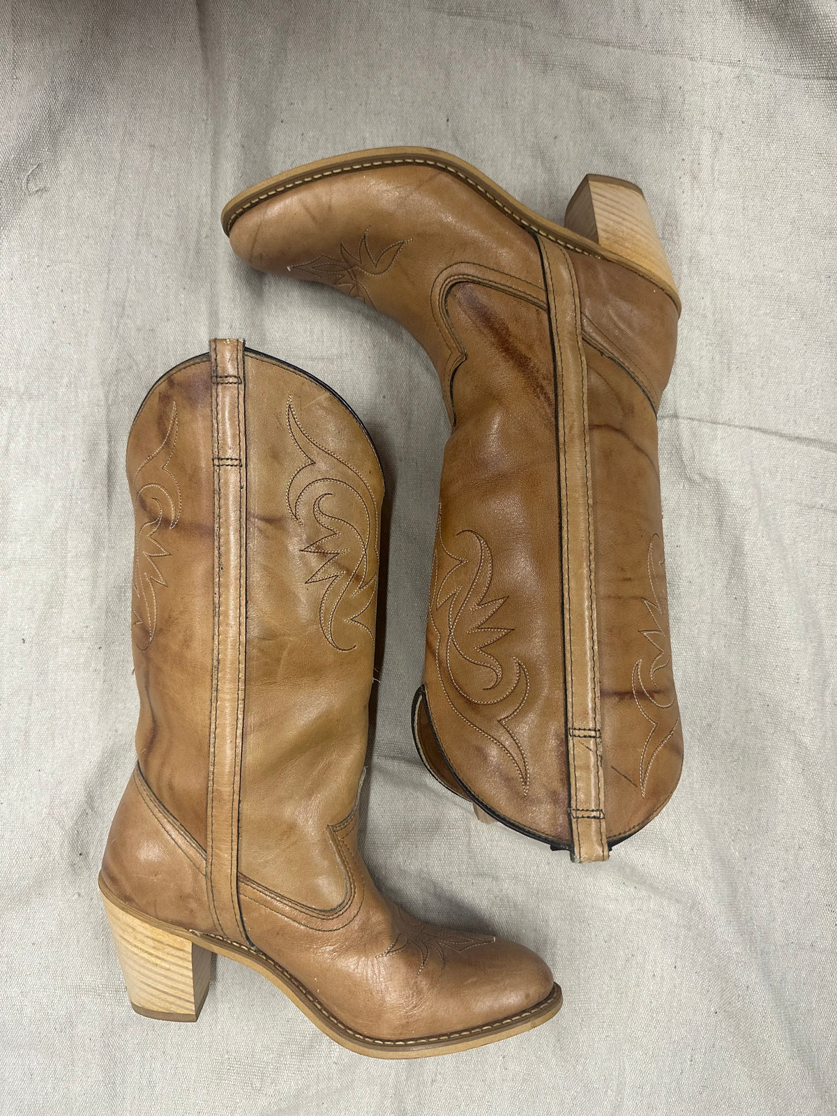 Vintage Stacked Heel Tan Cowboy Boots