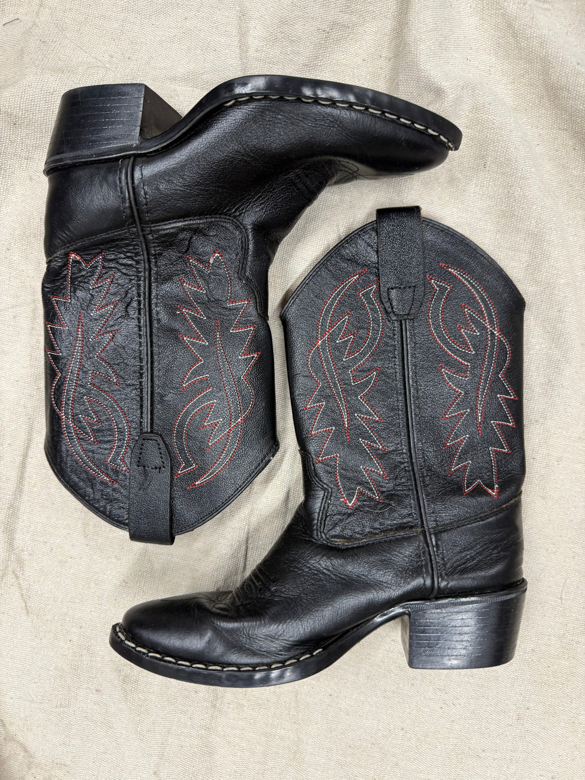 Vintage Kids Black with Red & White Stitching Cowboy Boots