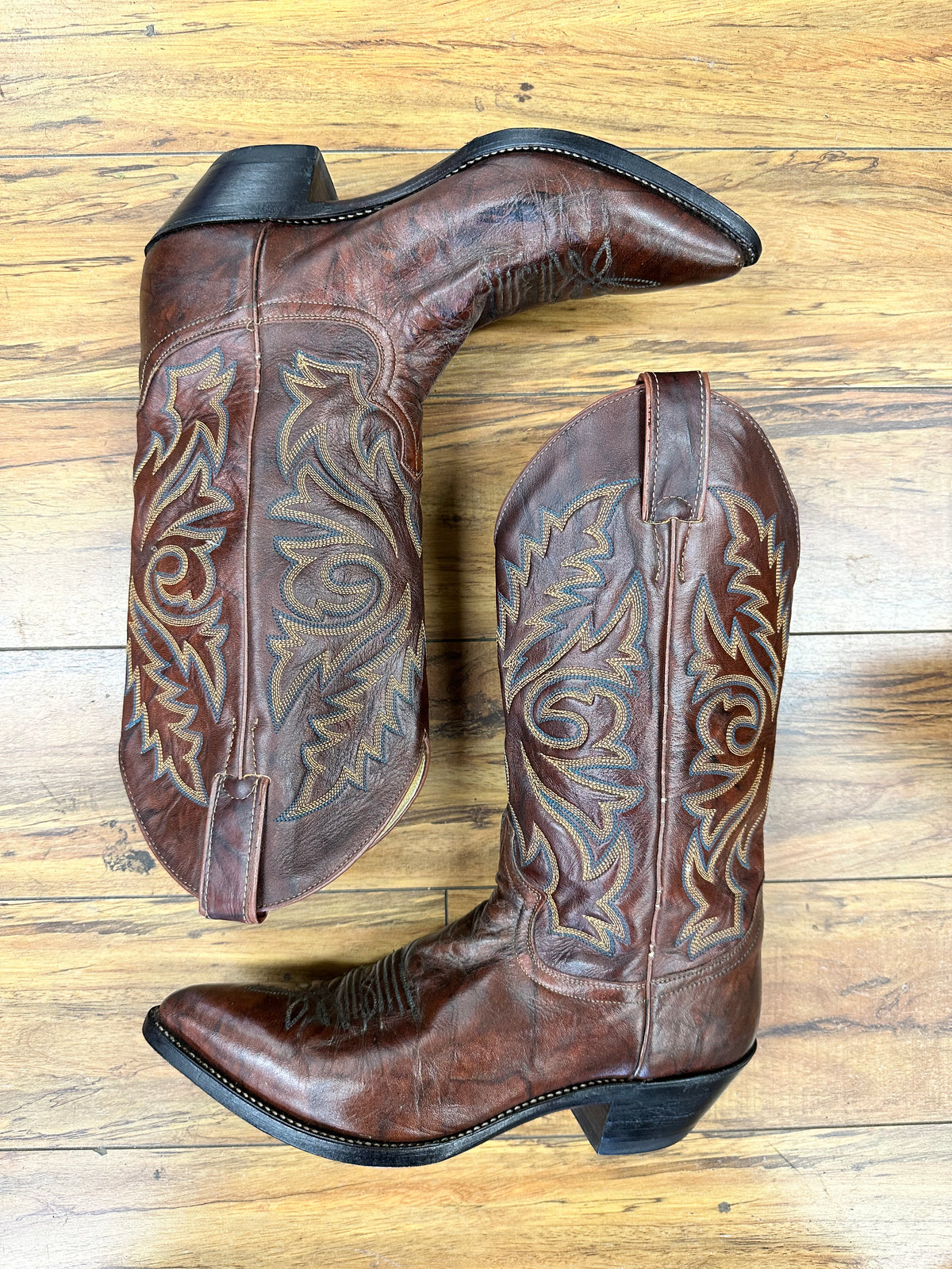 Brown + Blue and Gold Top Stitch Cowboy Boots