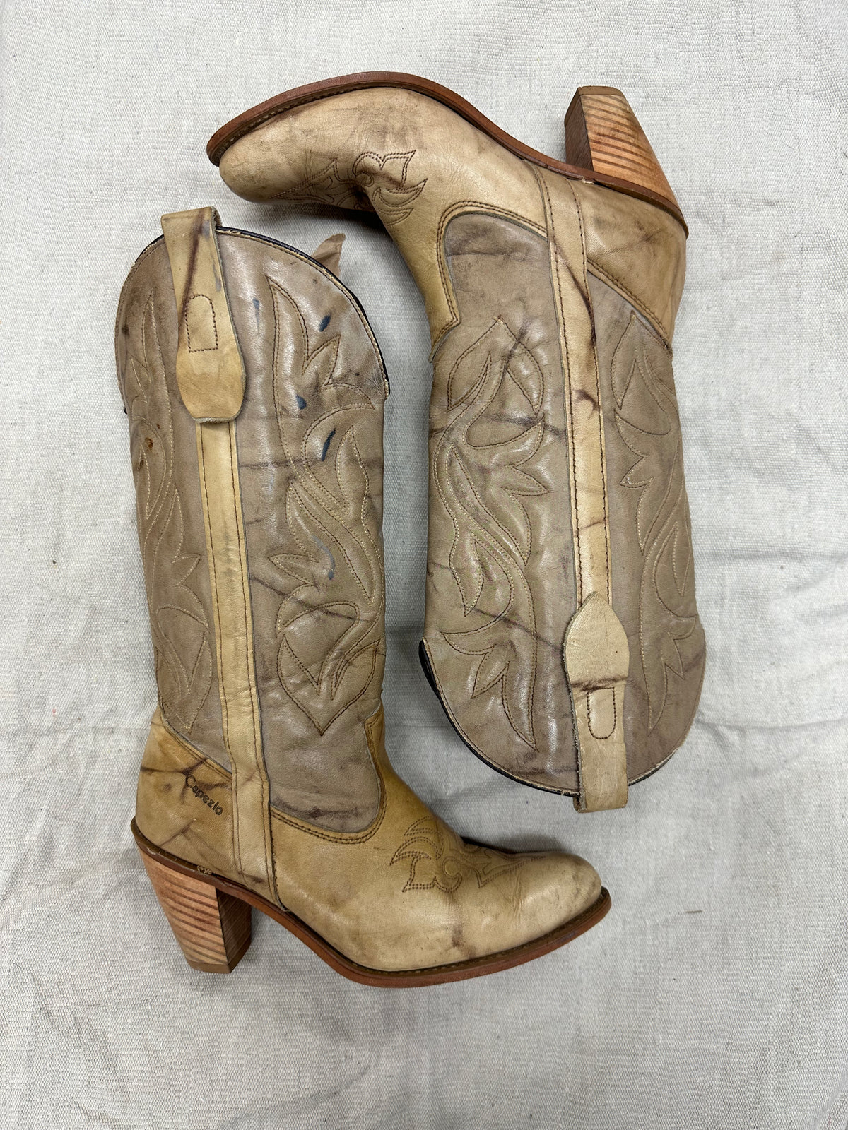 Two Toned Grey and Tan Stacked Heel Cowboy Boots