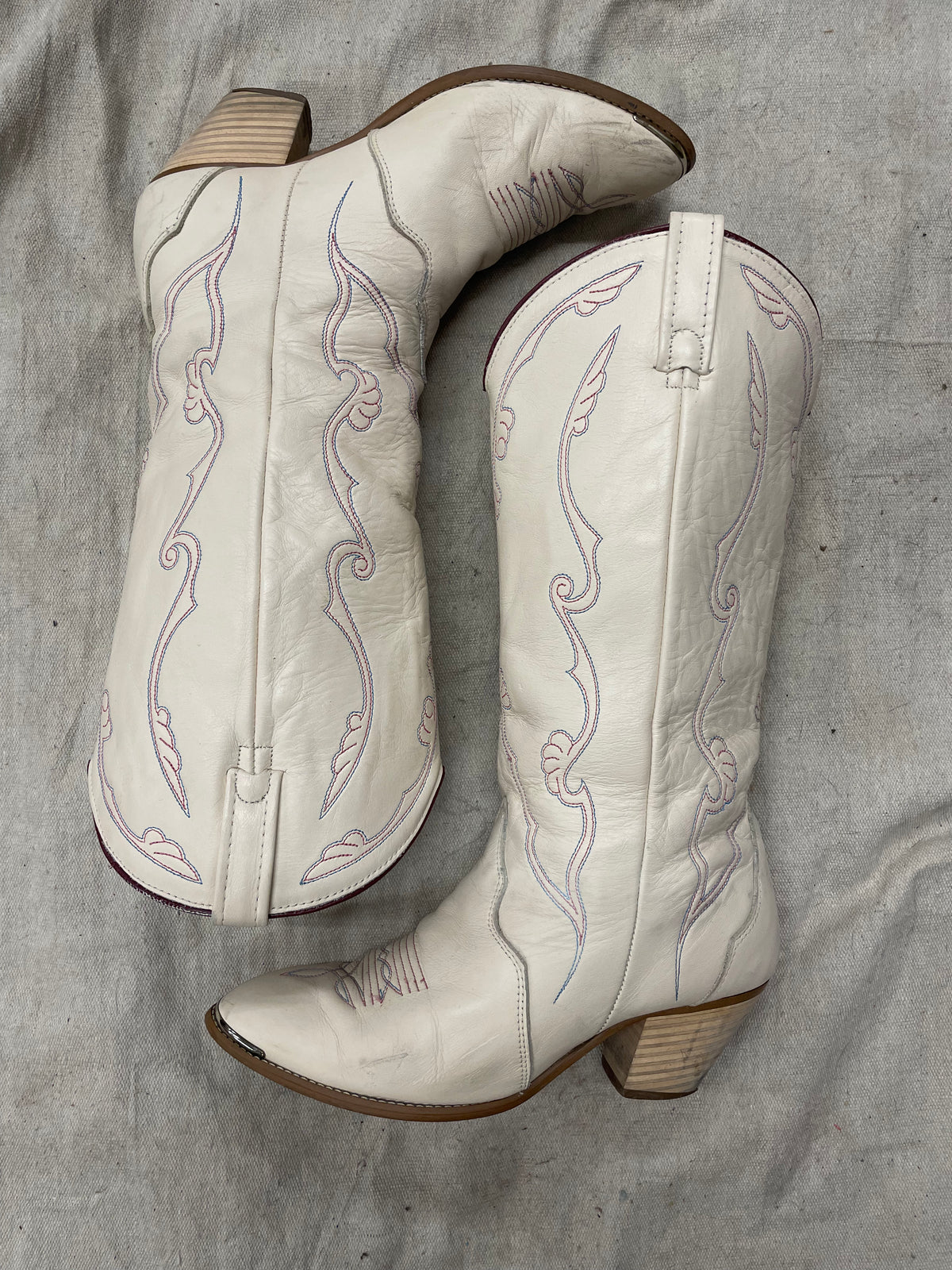 Vintage White with Blue & Red Stitch Cowboy Boots