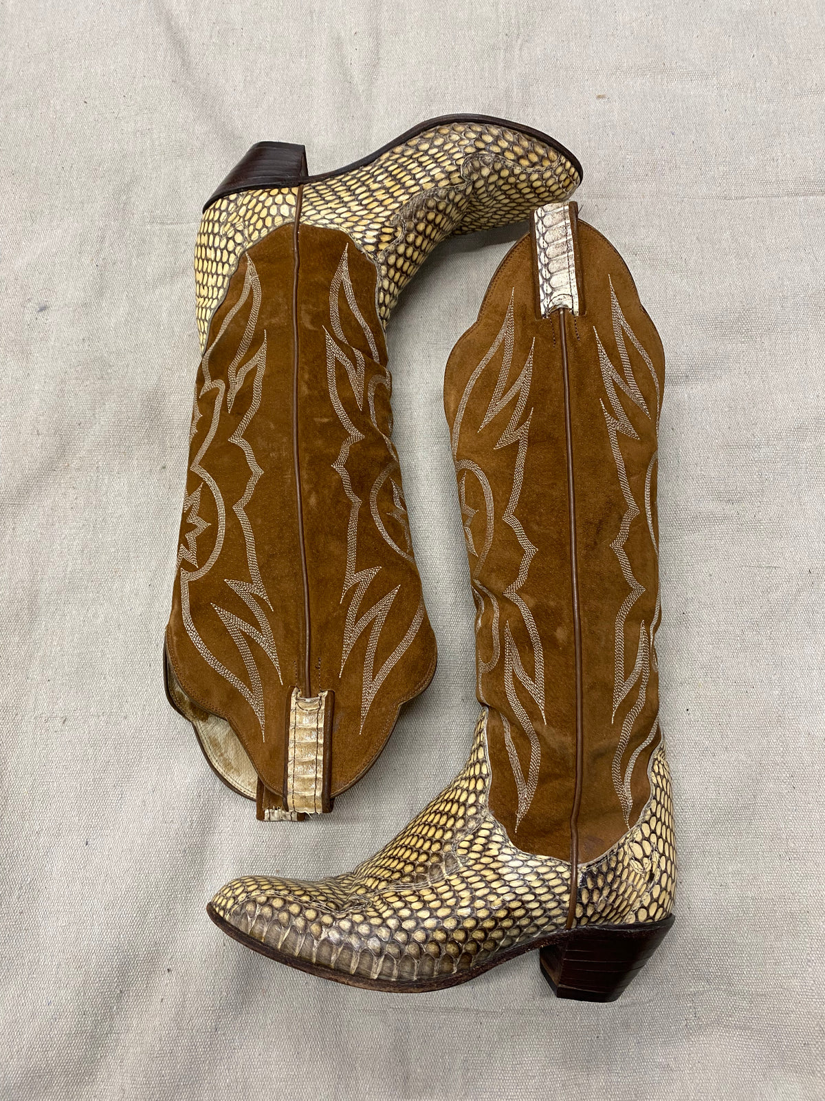 Vintage Brown Suede & Snake Skin Cowboy Boot