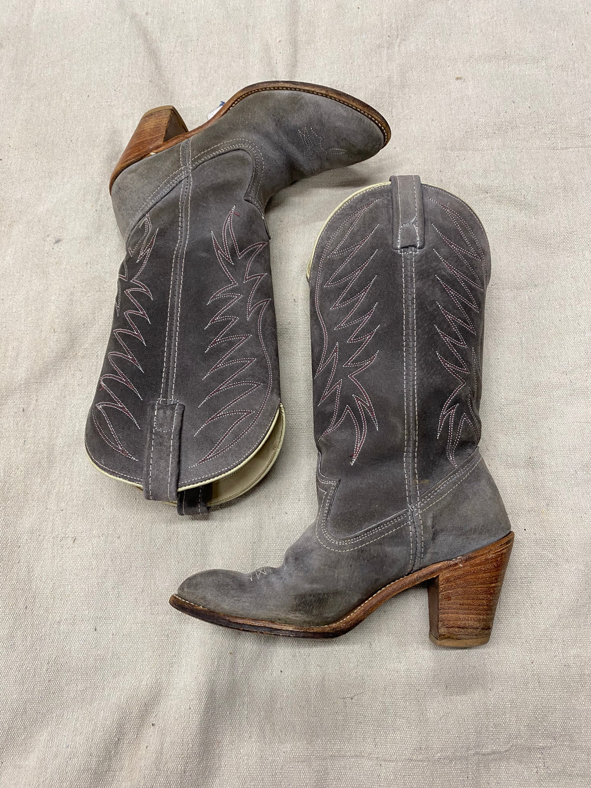 Vintage Grey Suede with Pink & White Stitching Cowboy Boots