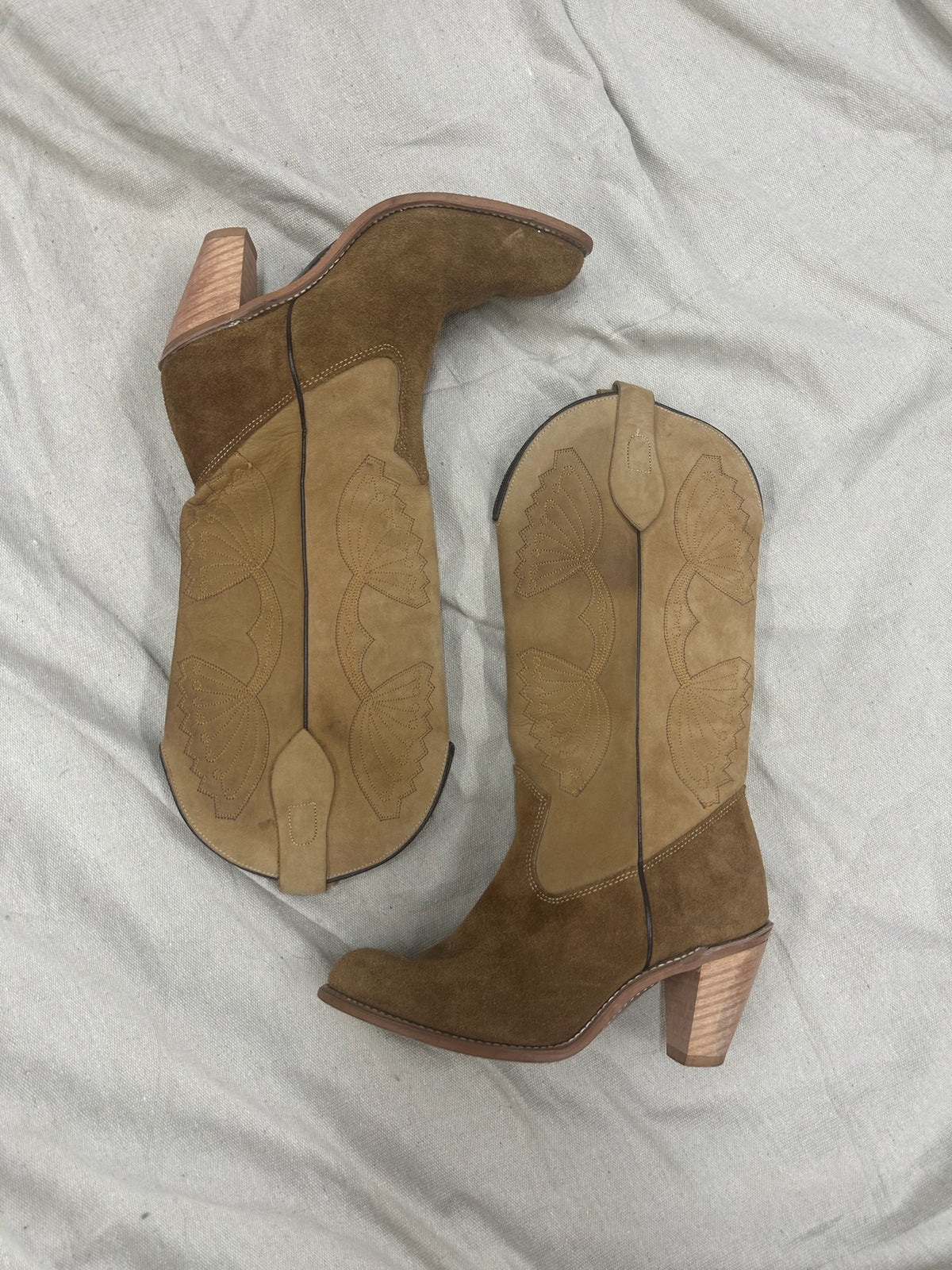 Tan Two Tone Suede Stacked Heel Cowboy Boots