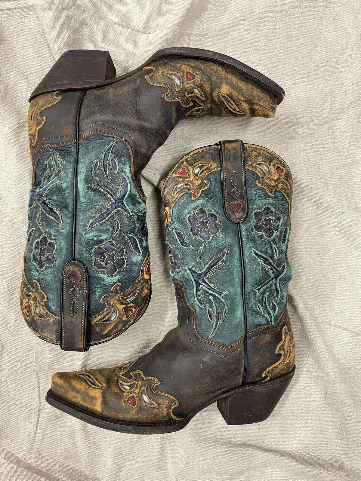 Vintage Brown and Blue Sparrow Heart Cowboy Boots