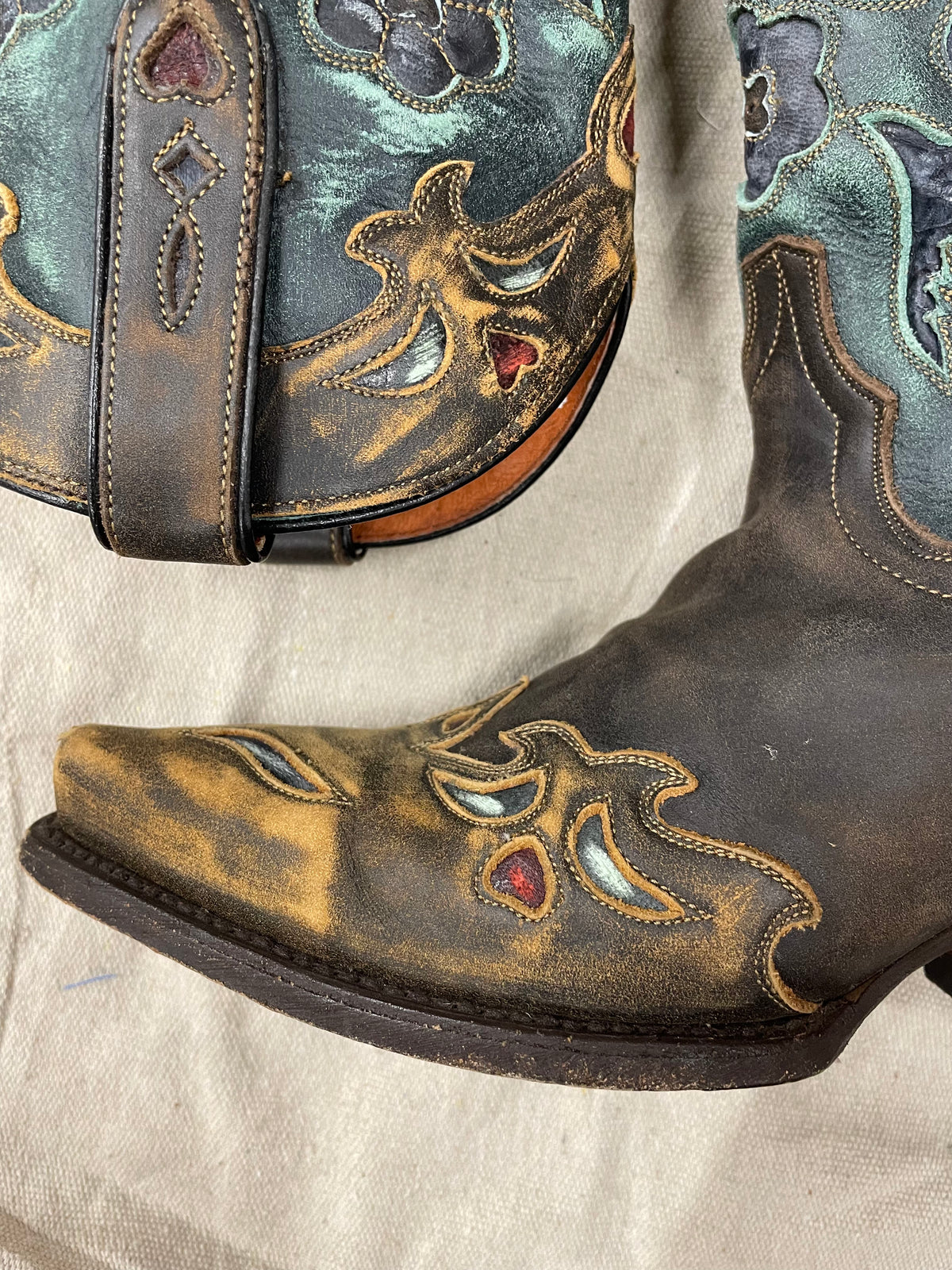 Vintage Brown and Blue Sparrow Heart Cowboy Boots