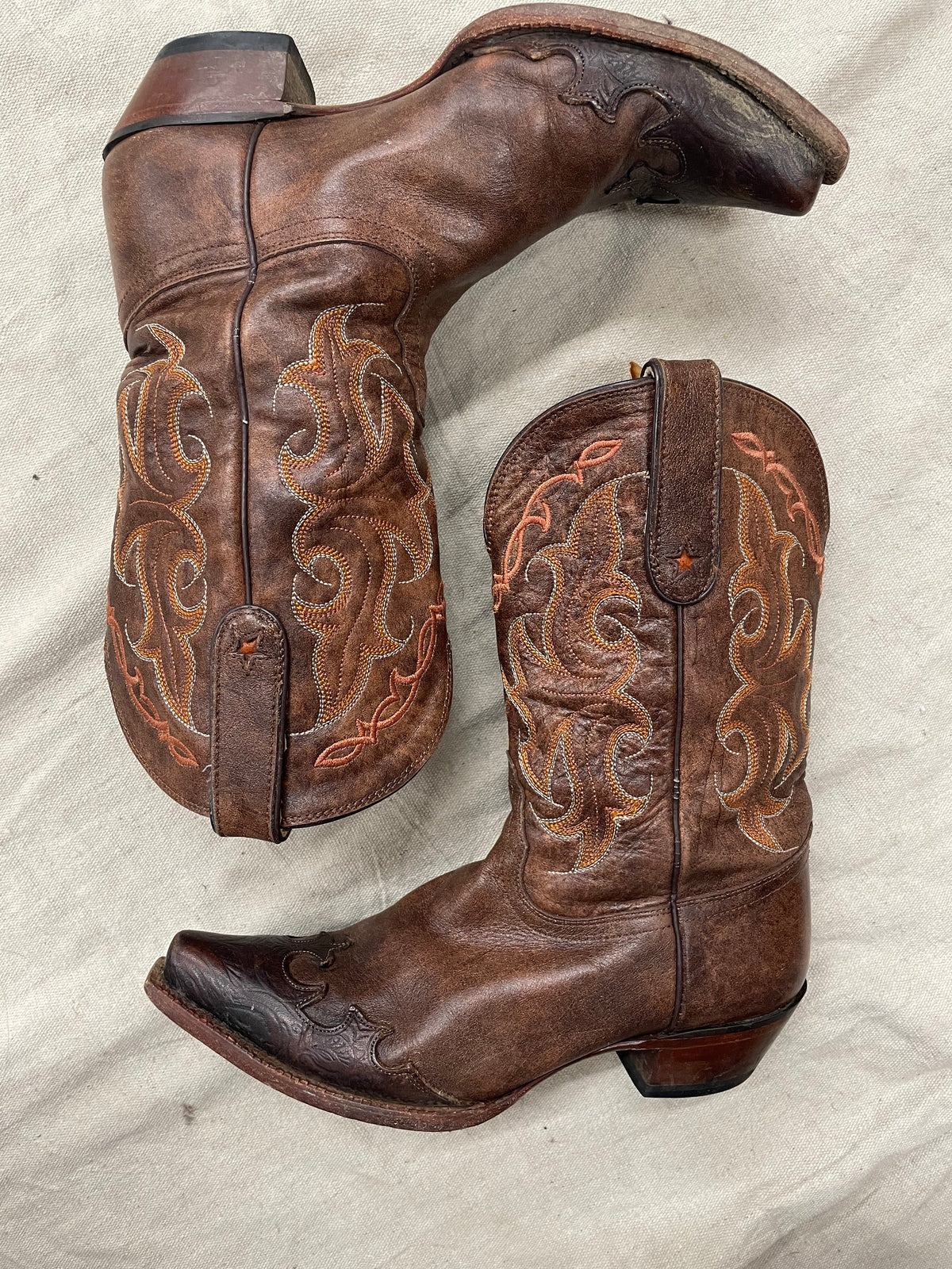 Vintage Brown Snip Toe Orange Stitch Cowboy Boot